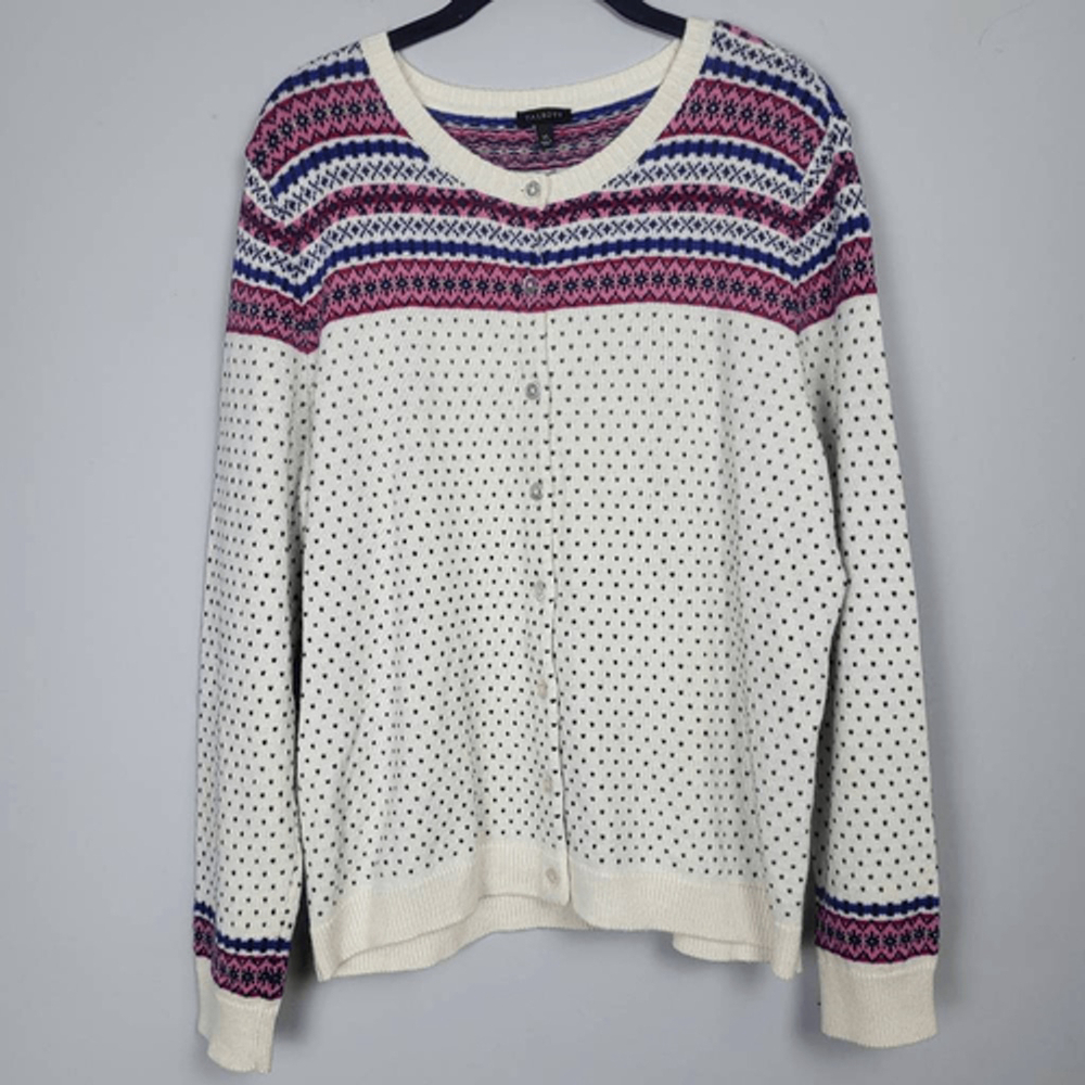 Talbots Womens Birdseye Fair Isle Lambswool Cardigan XL White Layers Heritage